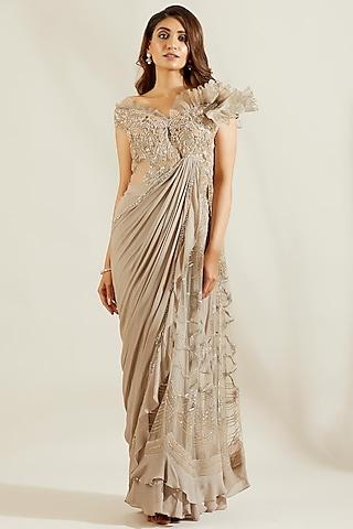 grey gold pre-stitched draped saree with embroidered blouse
