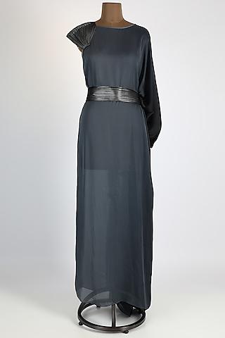 grey gown with attached embellished belt