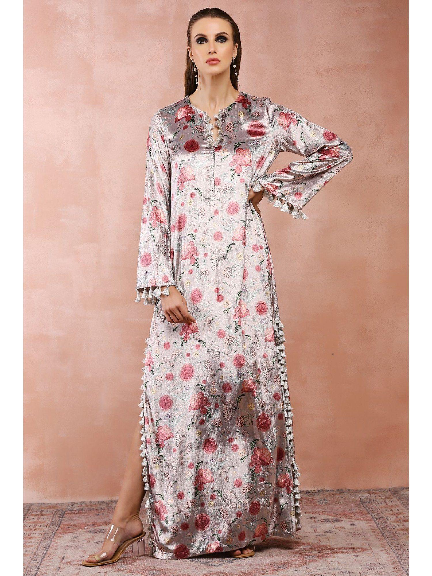 grey gulbagh print velvet maxi dress with belt (set of 2)