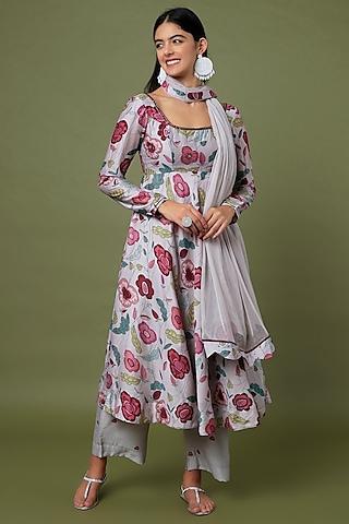 grey hand embroidered & printed kurta set