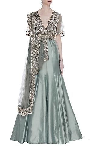 grey hand embroidered indo-western gown with attached dupatta