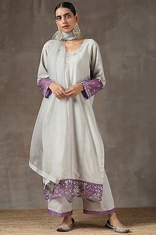 grey hand embroidered kurta set