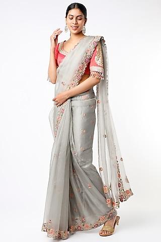 grey hand embroidered saree set