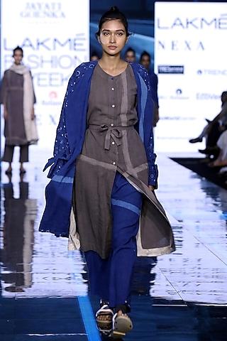 grey hand painted tunic with indigo blue printed trench coat & pants
