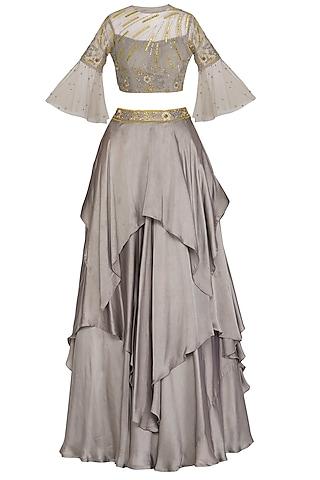 grey handkerchief skirt with embellished top