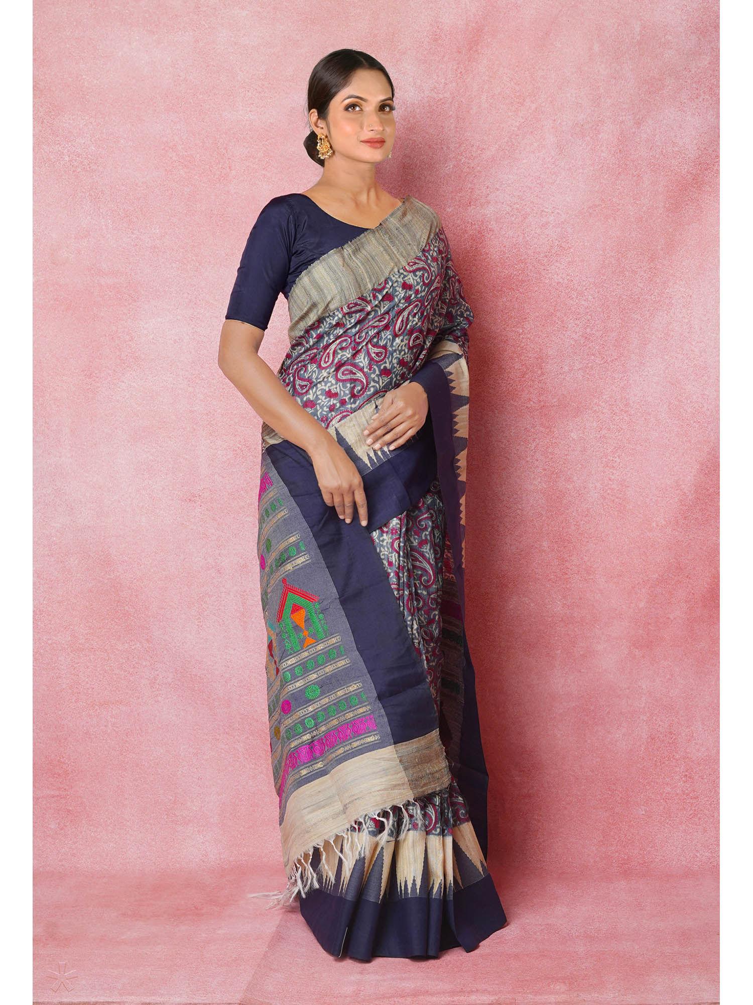 grey handloom hand block printed vidarbha tussar silk saree with unstitched blouse