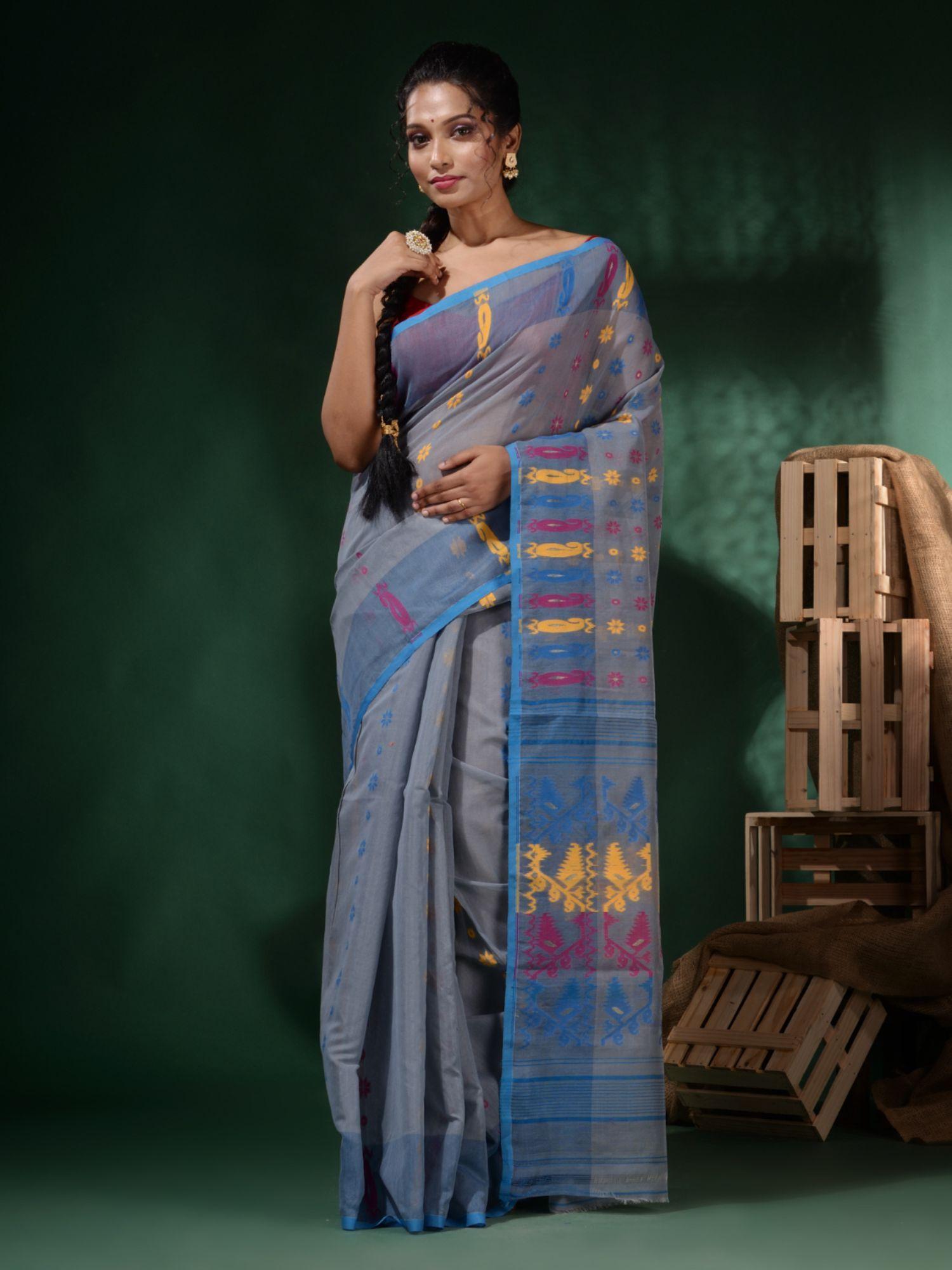 grey handwoven cotton jamdani woven designs saree