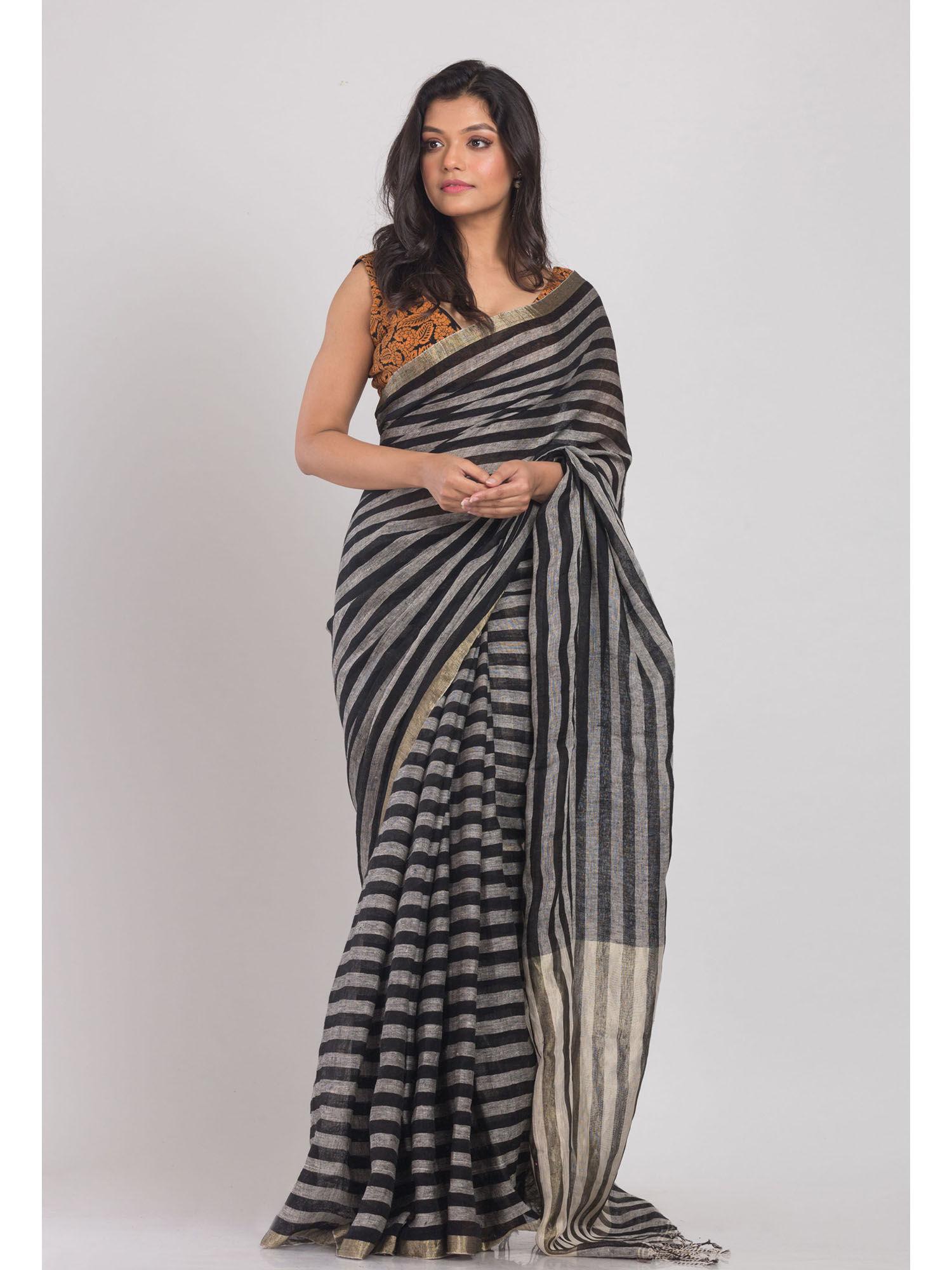 grey handwoven linen saree with unstitched blouse