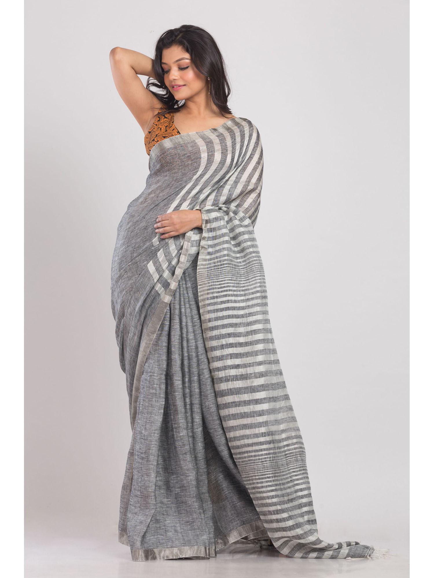 grey handwoven linen saree with unstitched blouse