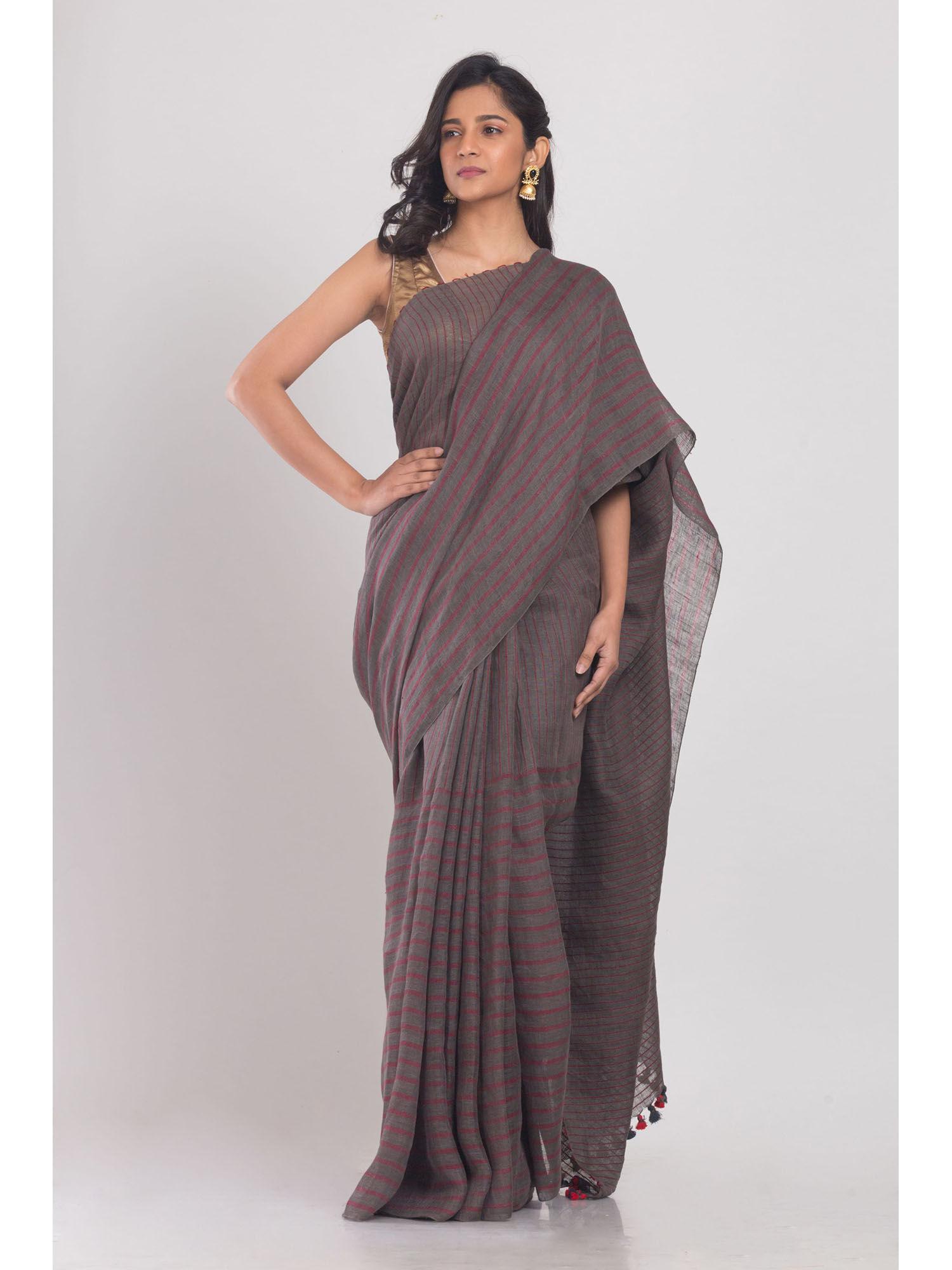 grey handwoven linen saree with unstitched blouse