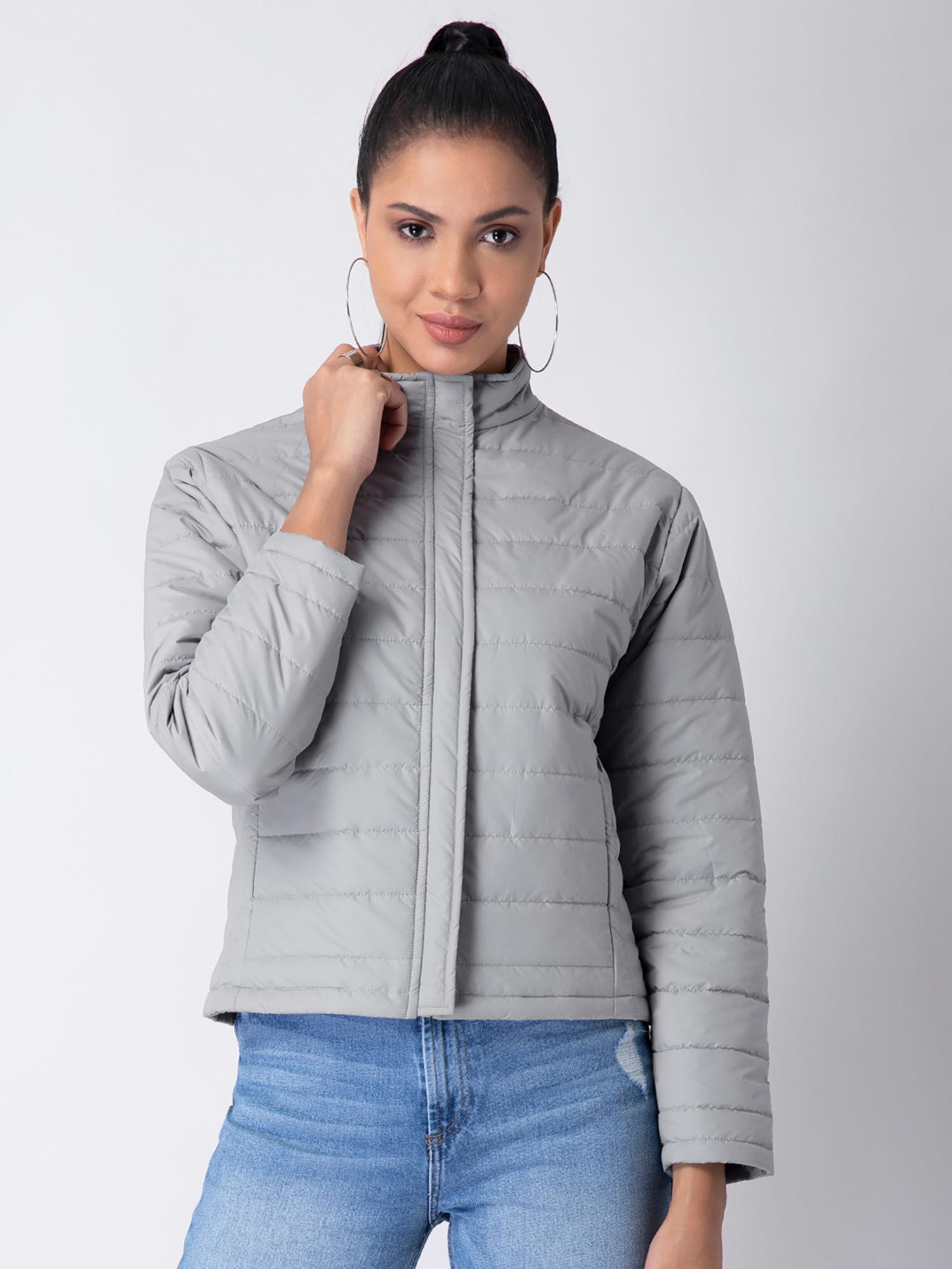 grey high neck front zippered quilted puffer jacket