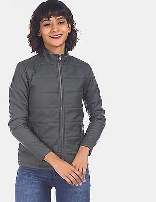 grey high neck solid quilted jacket