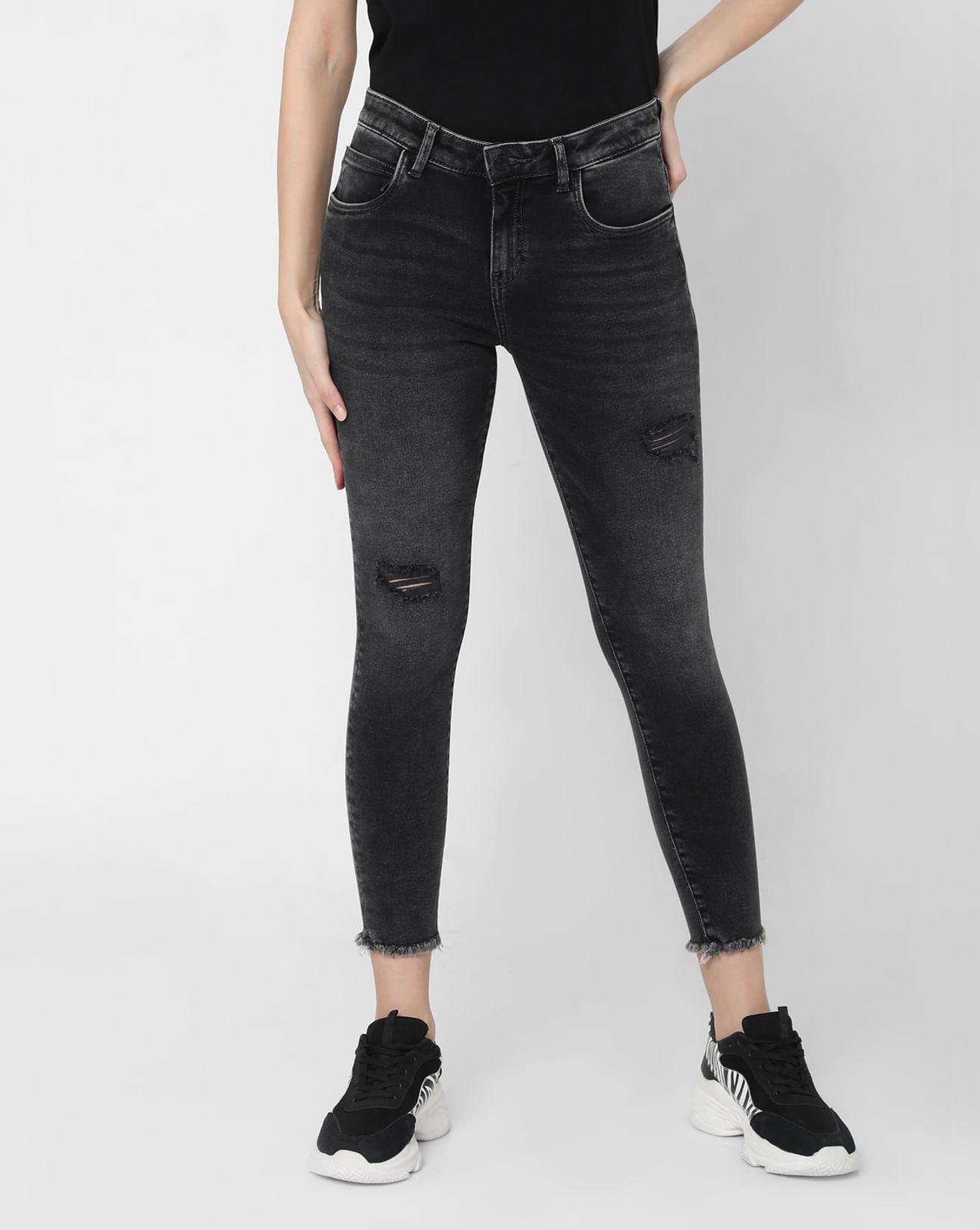 grey high rise frayed skinny jeans
