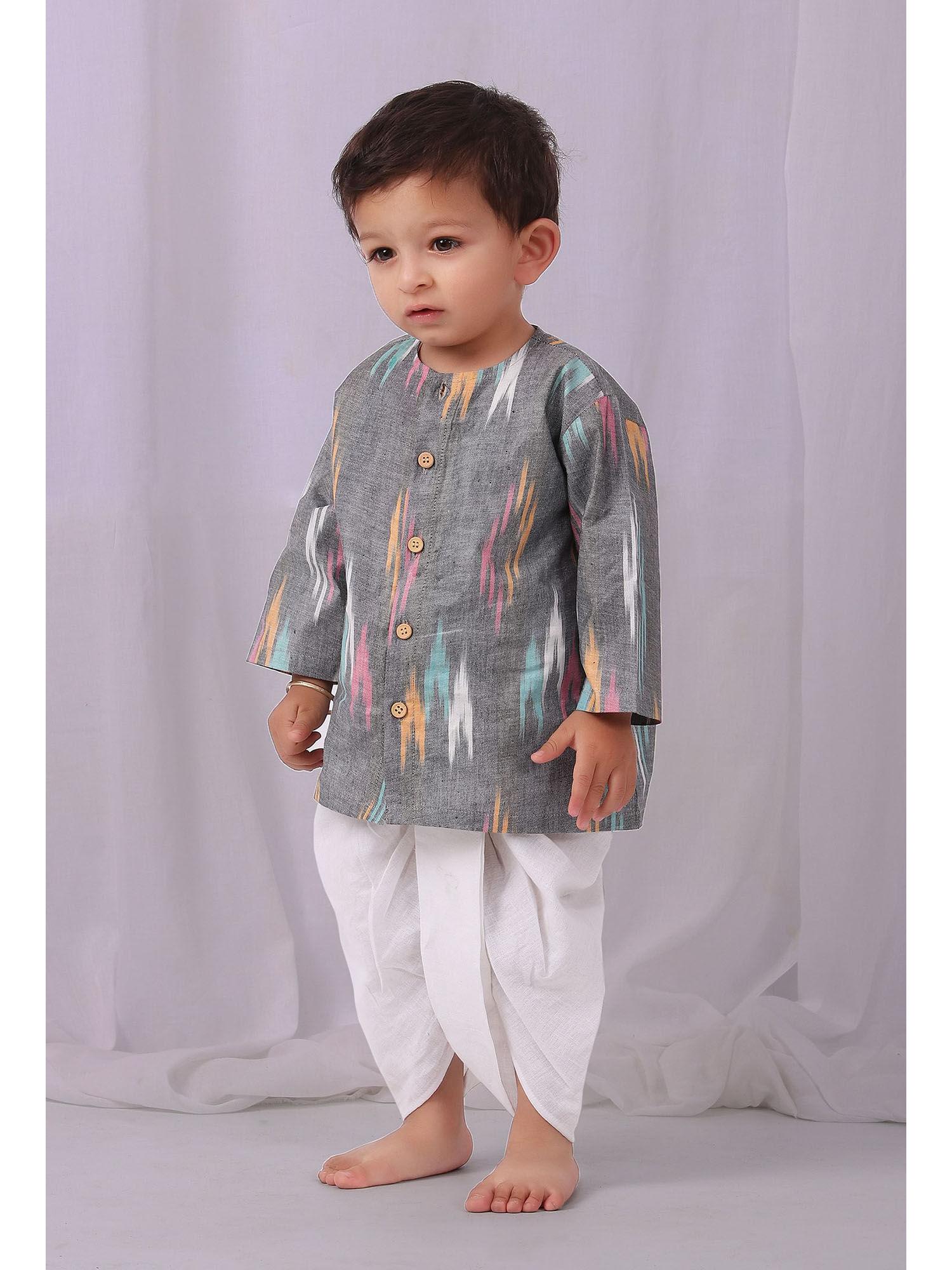 grey ikat kurta with white dhoti pants (set of 2)