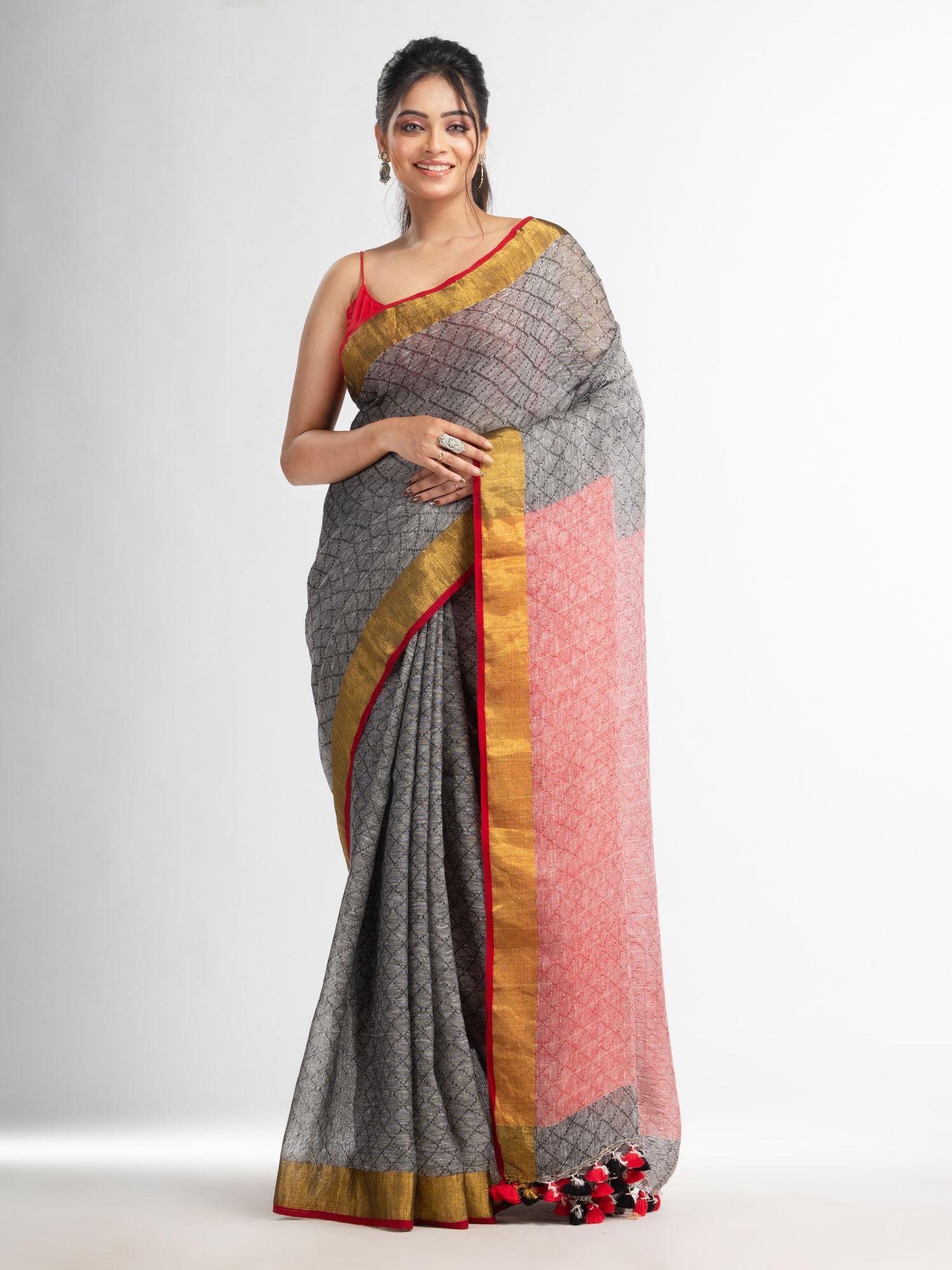 grey jacquard weaving red pallu with gold zari saree with unstitched blouse