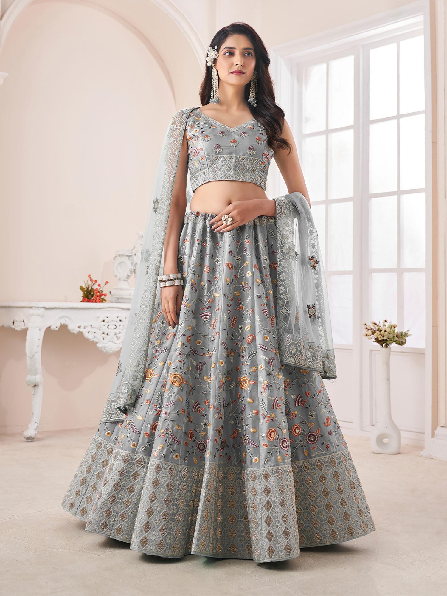 grey jimmy chu embroidered semi stitched lehenga with unstitched blouse (set of 3)