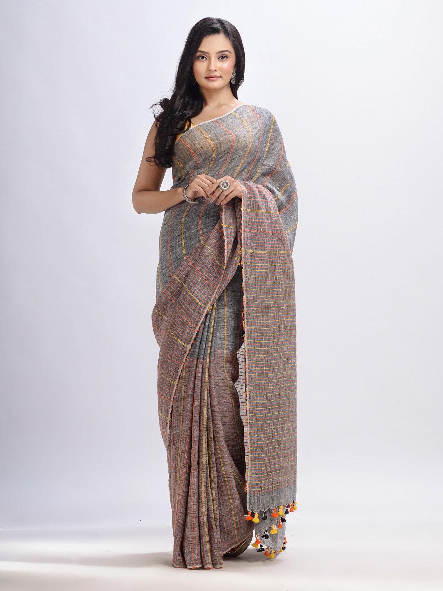 grey kantha stitch hand woven stripes linen saree with unstitched blouse