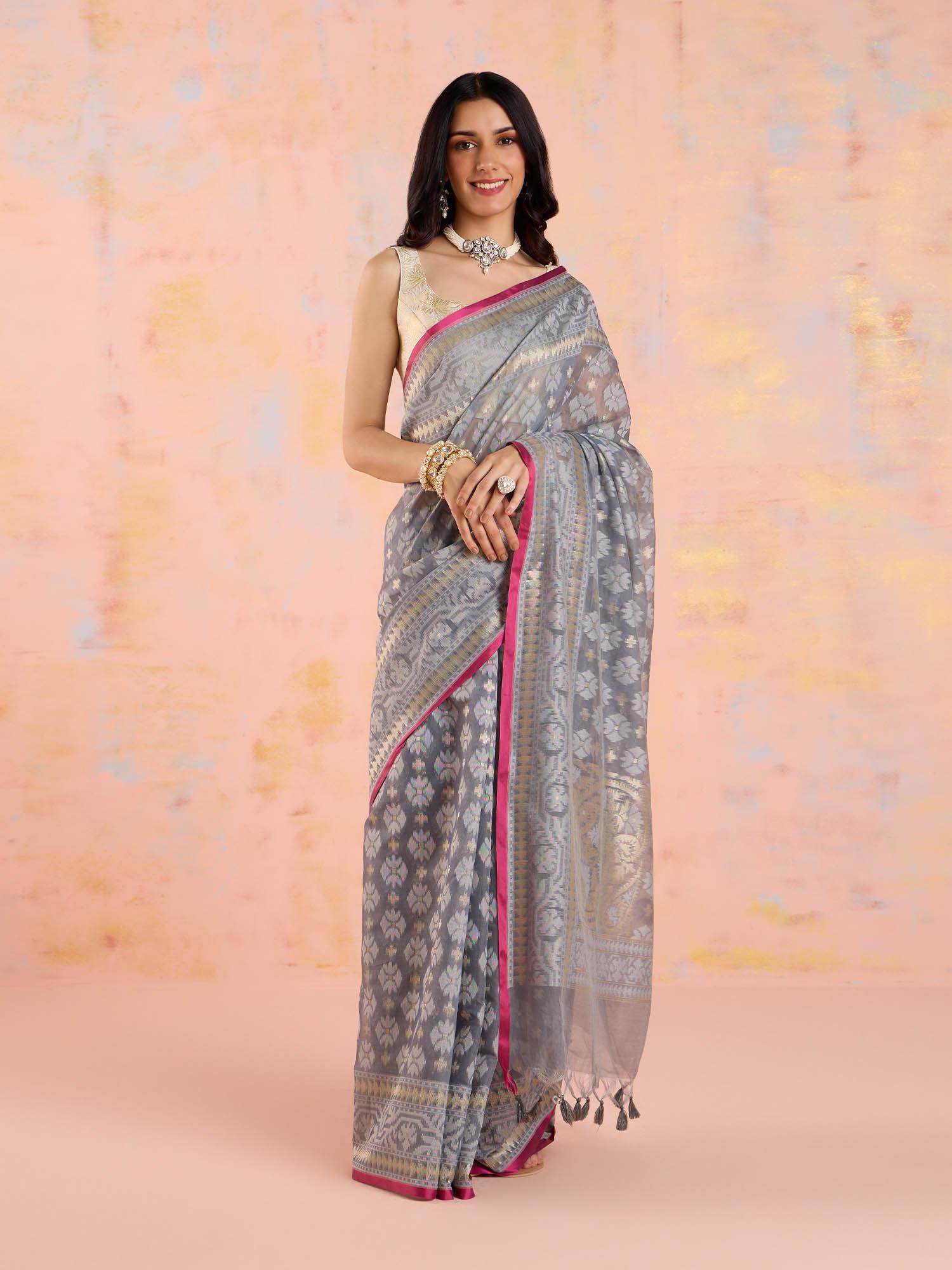 grey karigar korner cotton chanderi jacquard saree with unstitched blouse likkkpet05