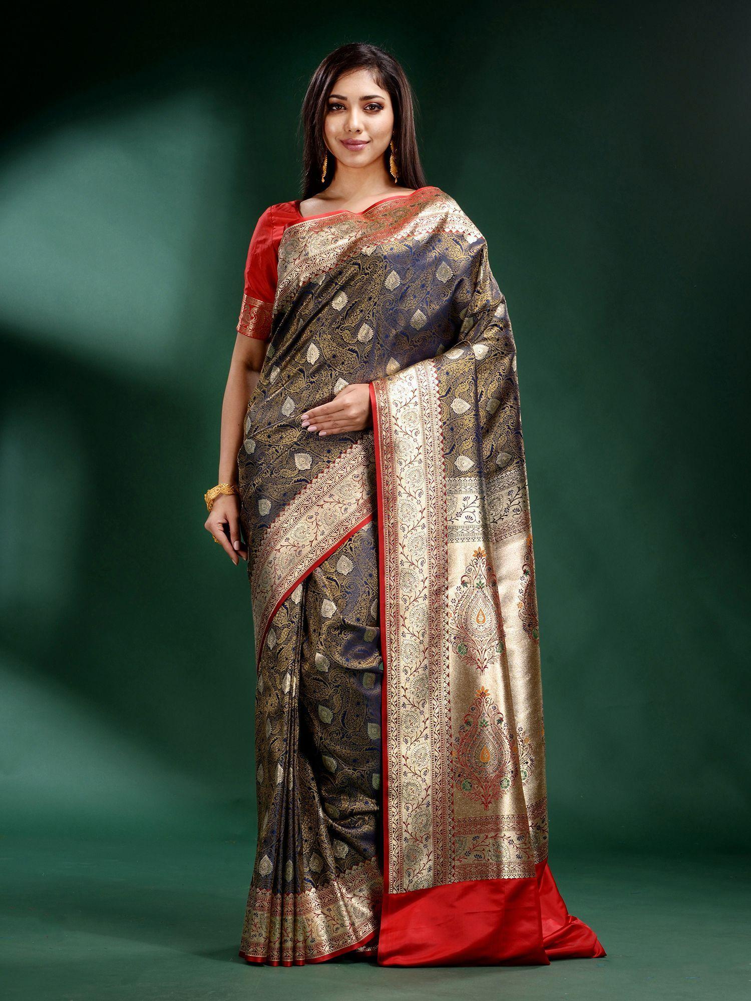 grey katan silk handwoven soft saree with unstitched blouse