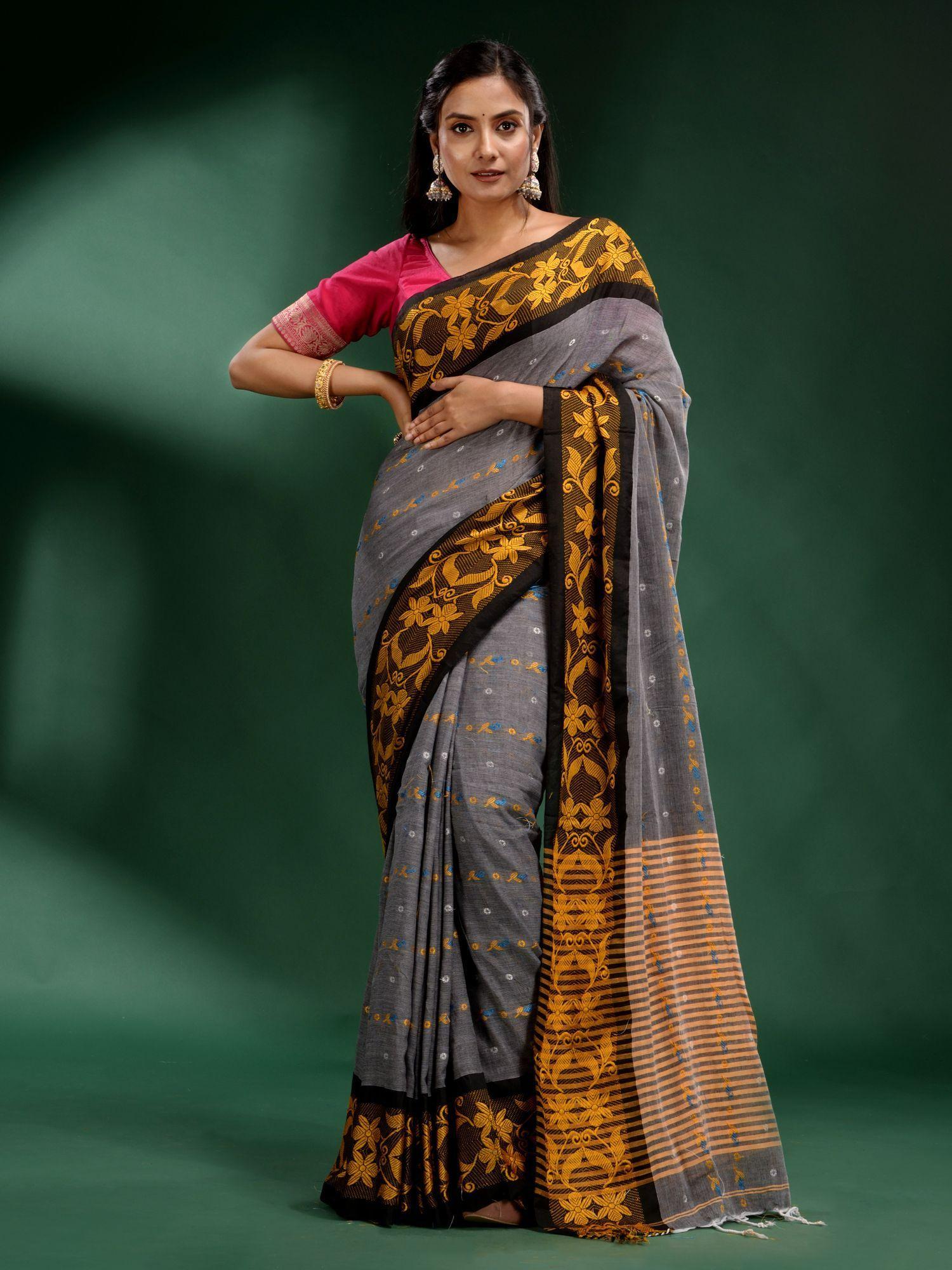 grey khadi handwoven soft saree with unstitched blouse