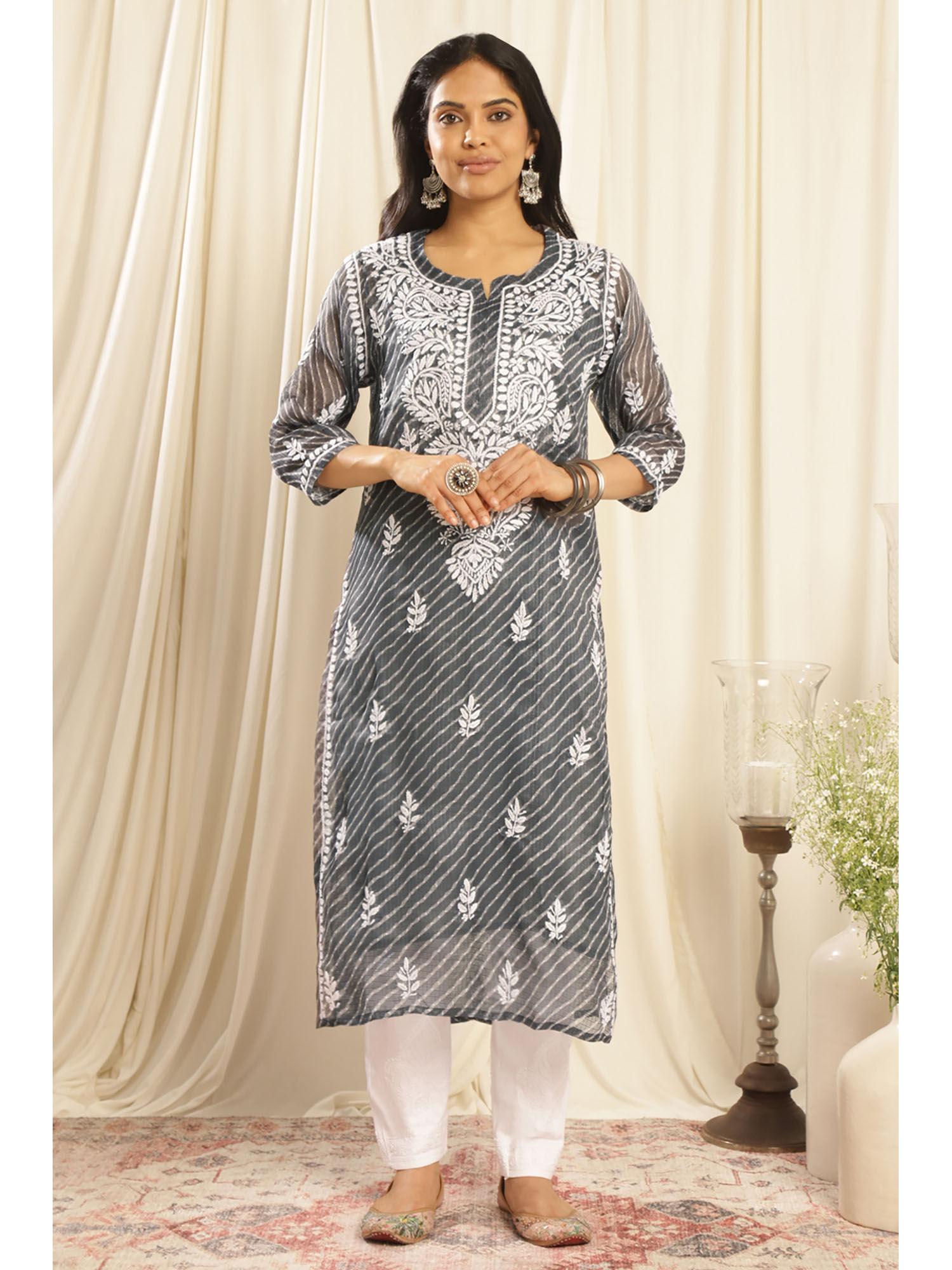 grey kota doria chikankari kurta with slip (set of 2)