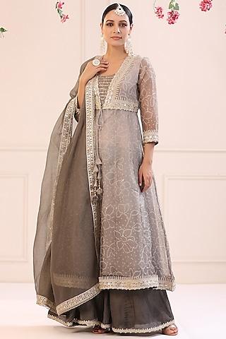 grey kota doria printed anarkali set