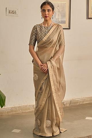 grey kota silk gota patti hand embroidered saree set