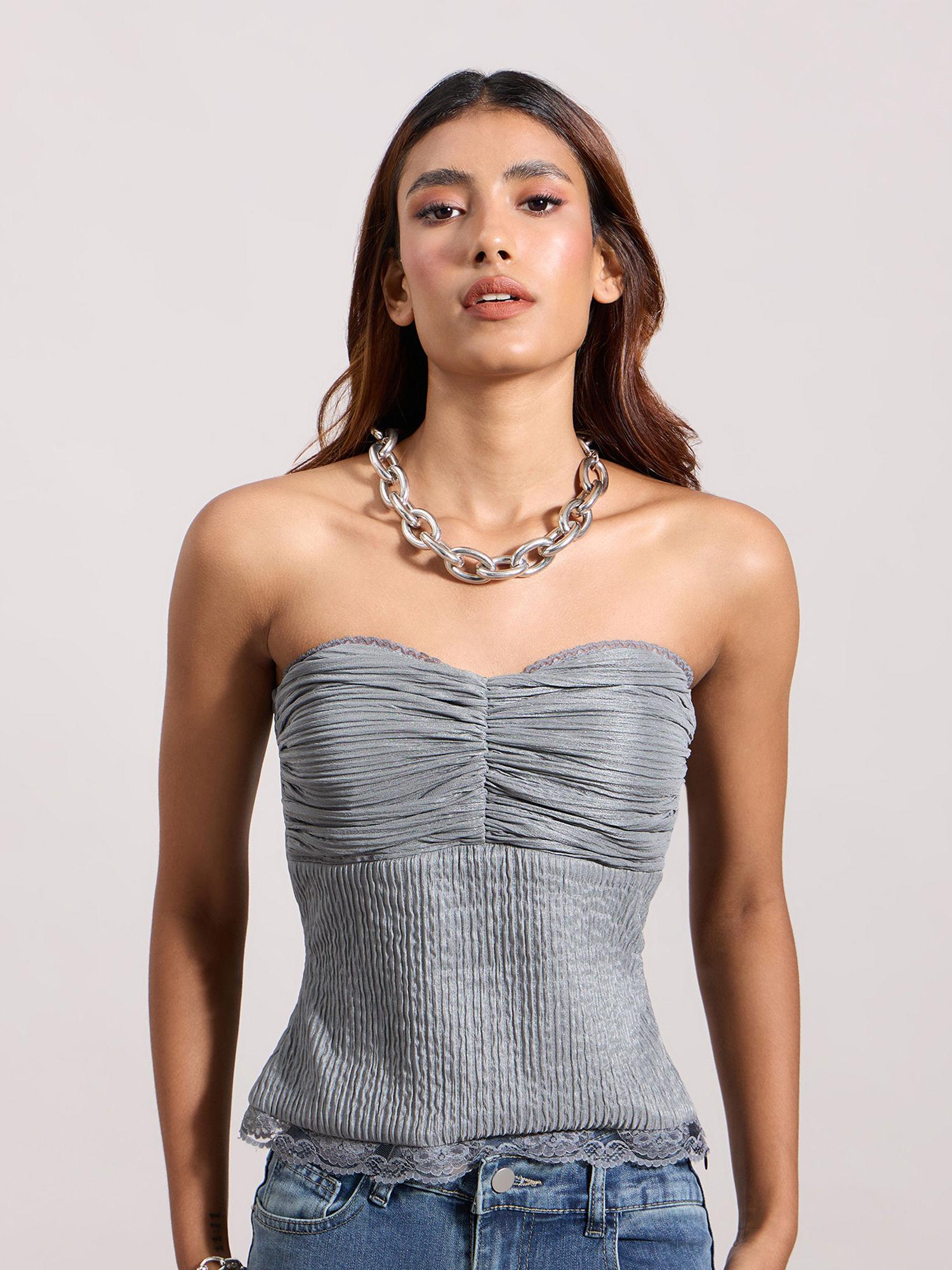grey lace detail bodycon tube top
