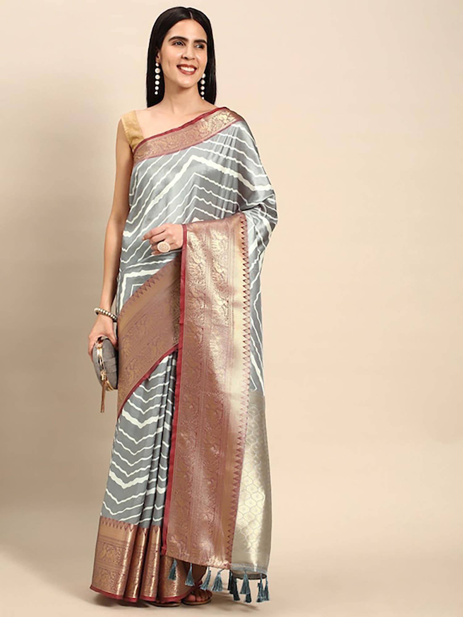 grey leheriya striped zari banarasi saree with unstitched blouse