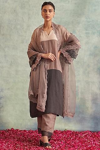 grey linen color-blocked kurta set