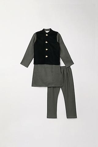 grey linen cotton kurta set with bundi jacket for boys