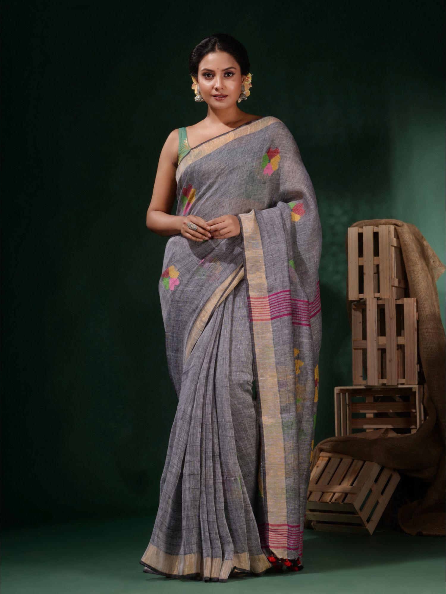 grey linen handwoven floral motifs saree with unstitched blouse