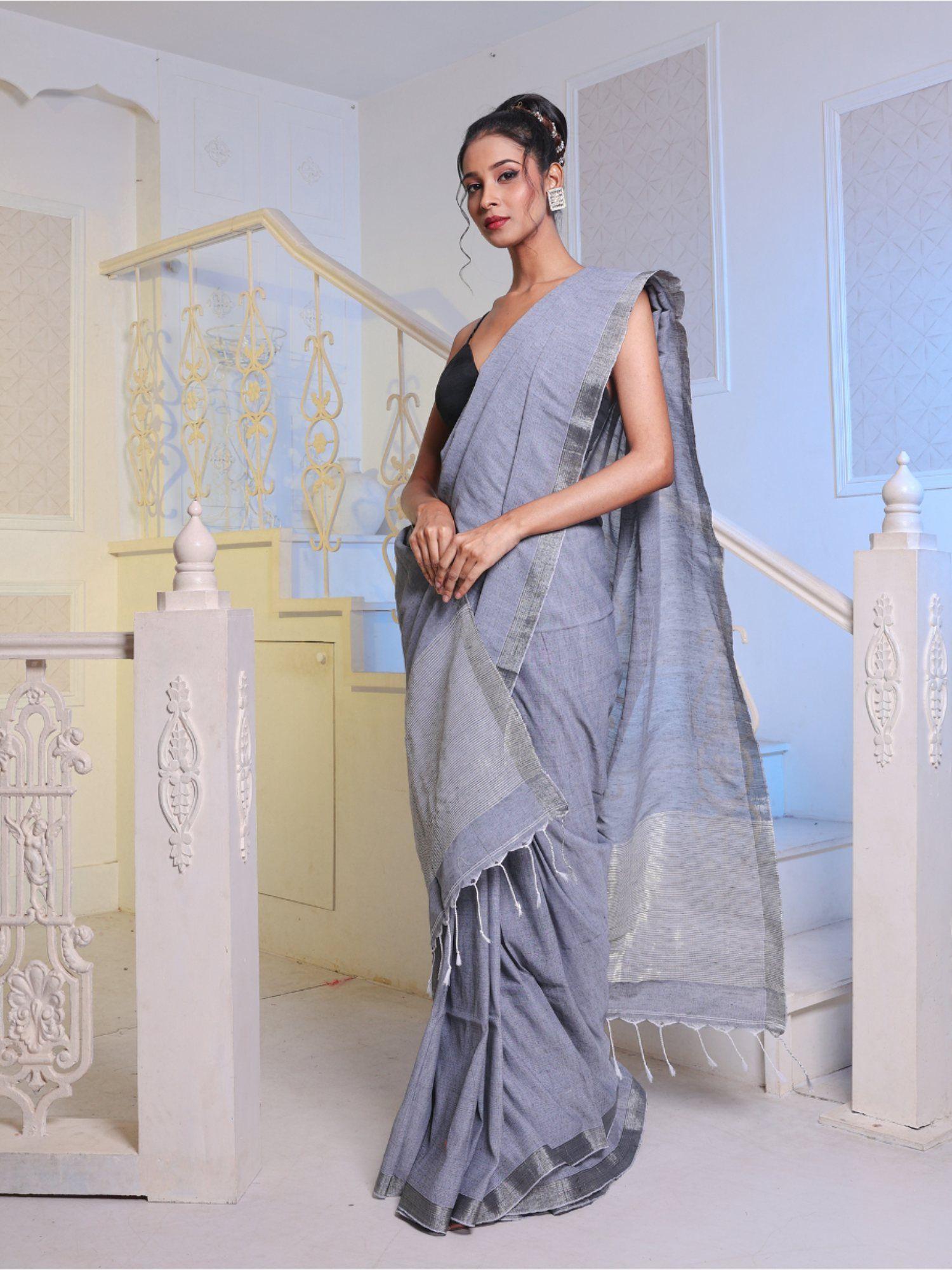 grey linen handwoven saree with unstitched blouse