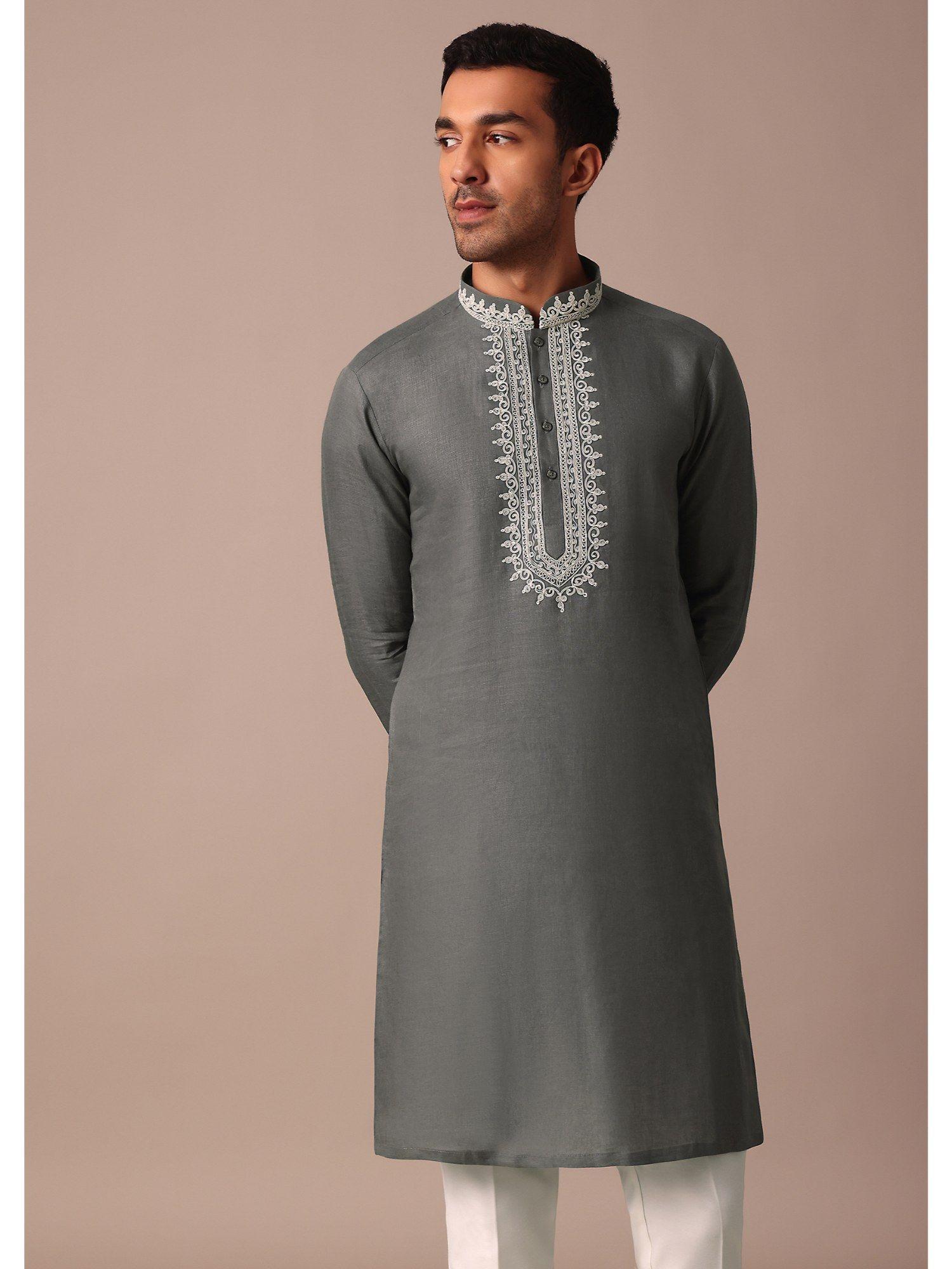 grey linen kurta with embroidered yoke