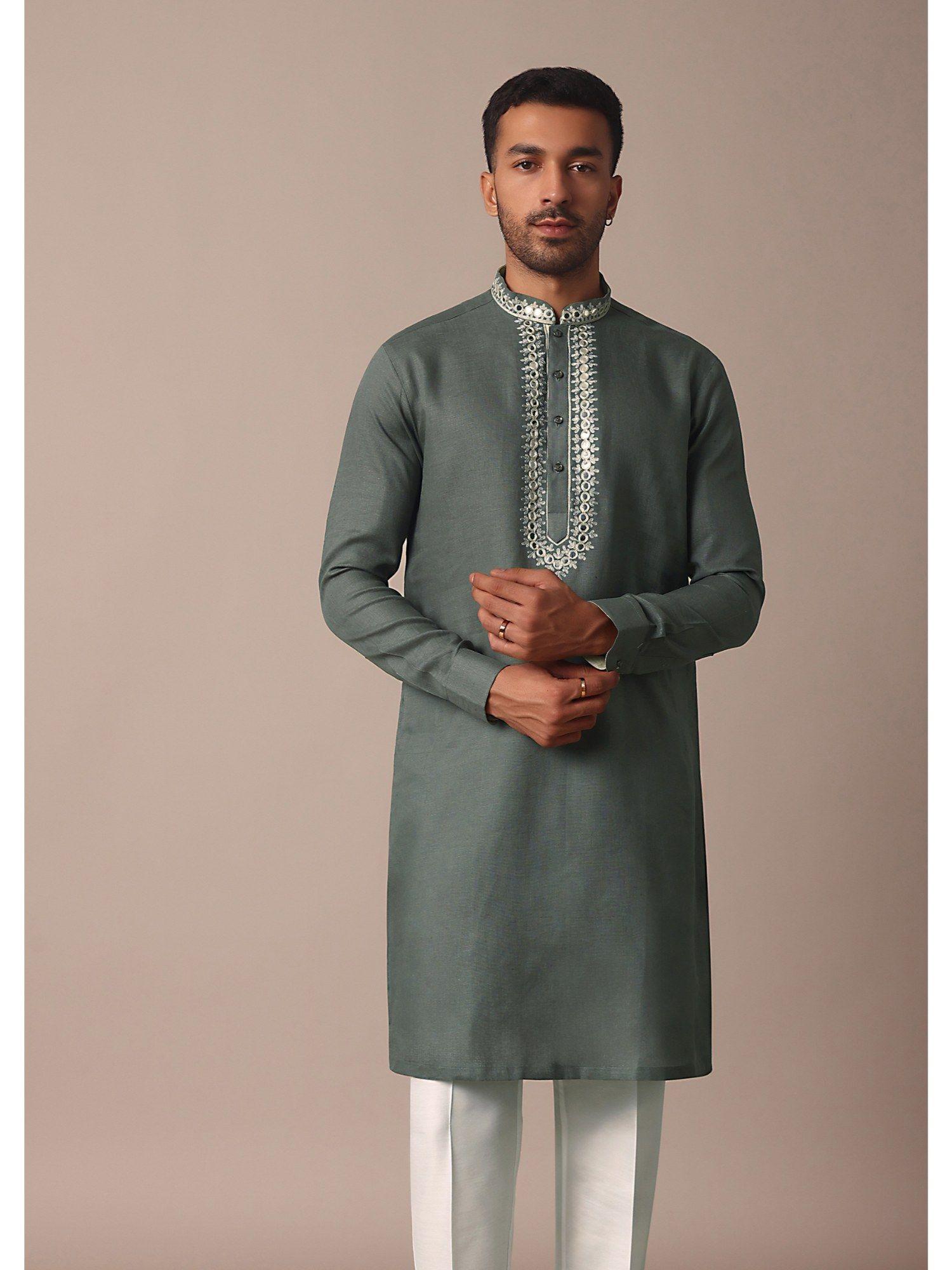 grey linen kurta with intricate yoke embroidery