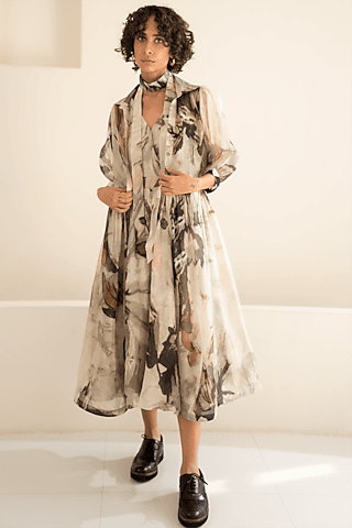 grey linen printed overlap dress with throw-on