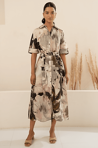 grey linen printed shirt dress