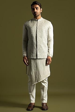 grey linen satin cutdana embroidered bundi jacket