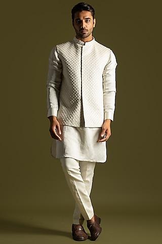 grey linen satin cutdana embroidered nehru jacket