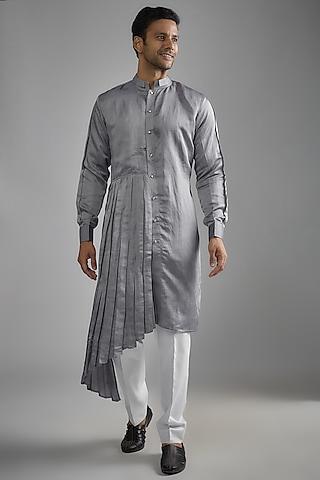 grey linen satin draped kurta set