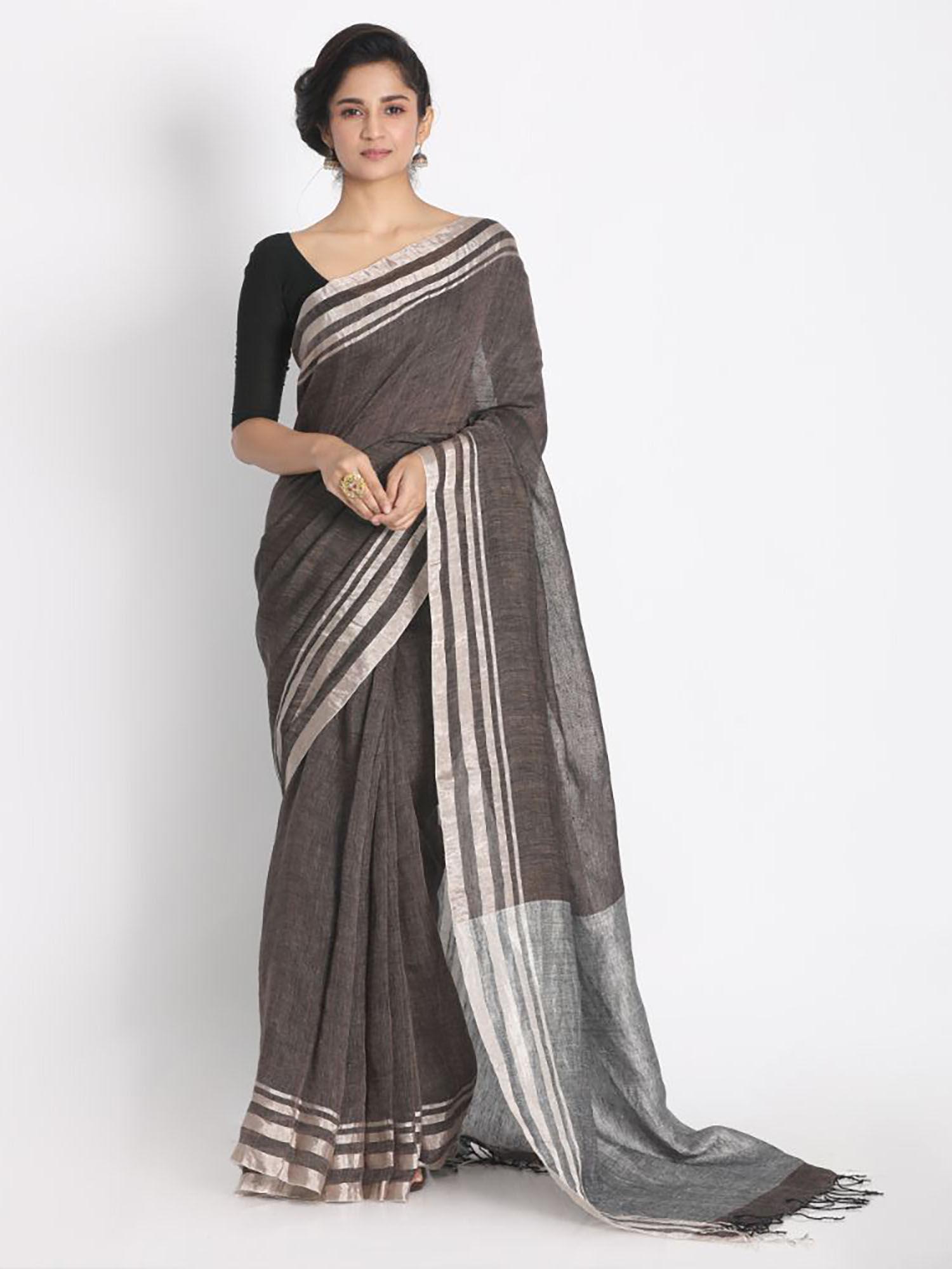 grey linen woven saree with unstitched blouse