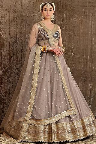 grey machine embroidered lehenga set