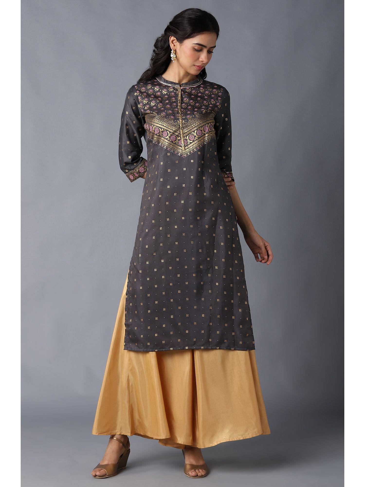 grey mandarin collar foil print straight kurta