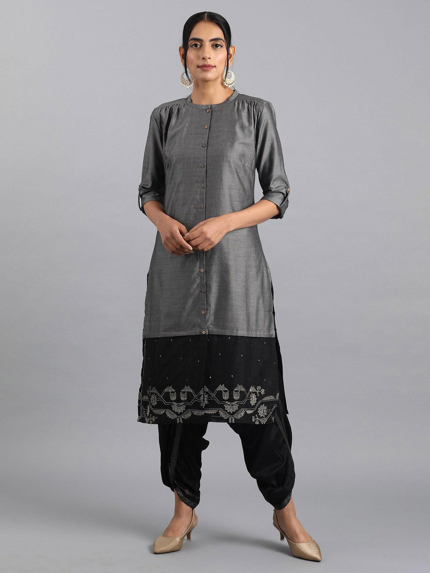 grey mandarin neck chanderi kurta