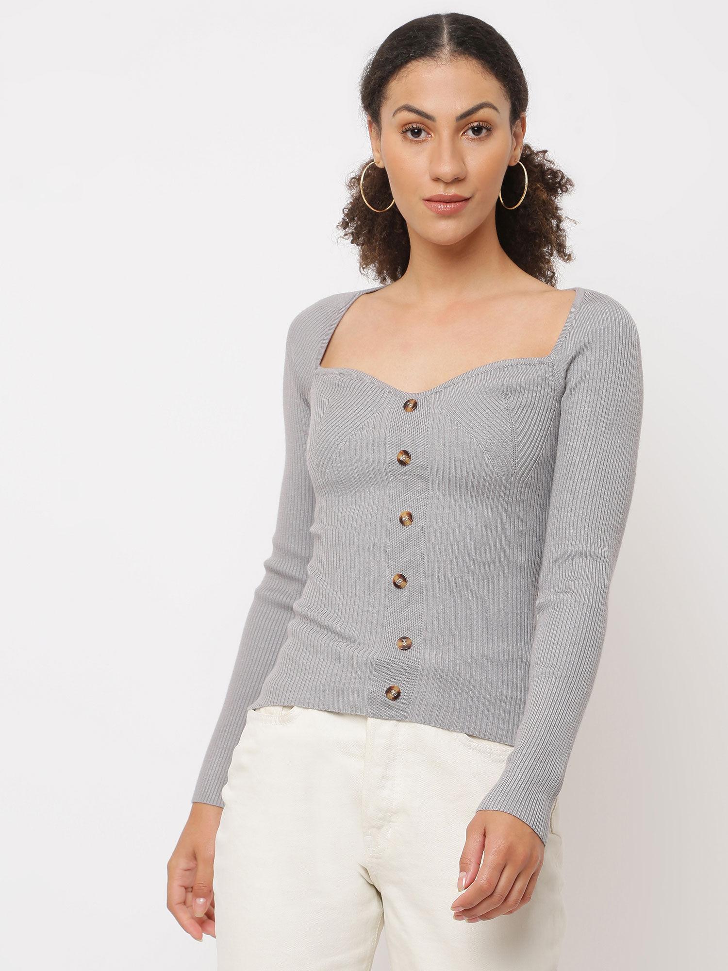 grey marl rib sweetheart button front knit top