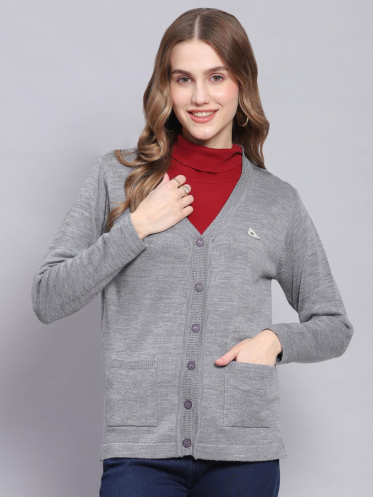 grey mel solid v neck cardigan