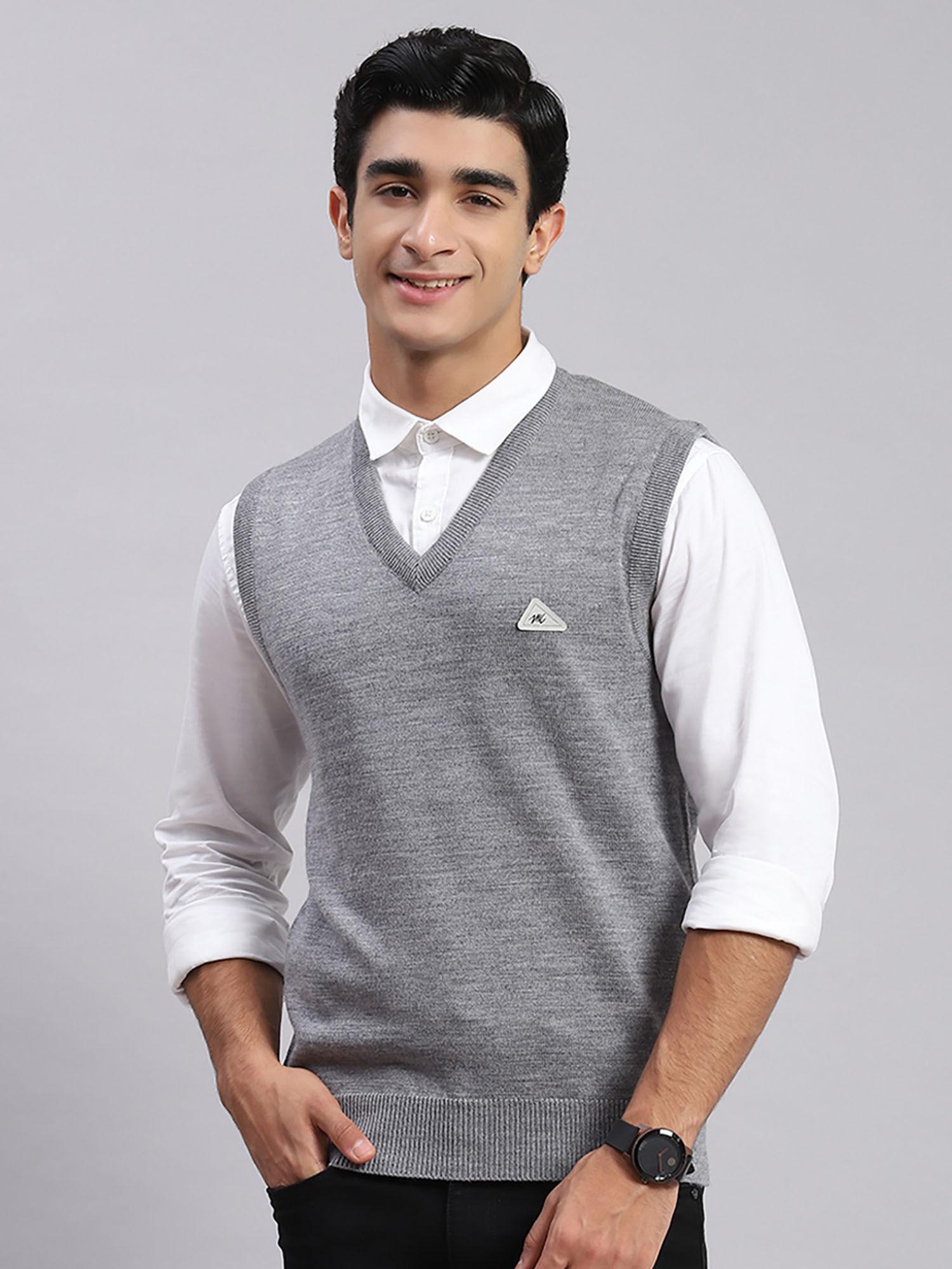 grey mel solid v neck sweater