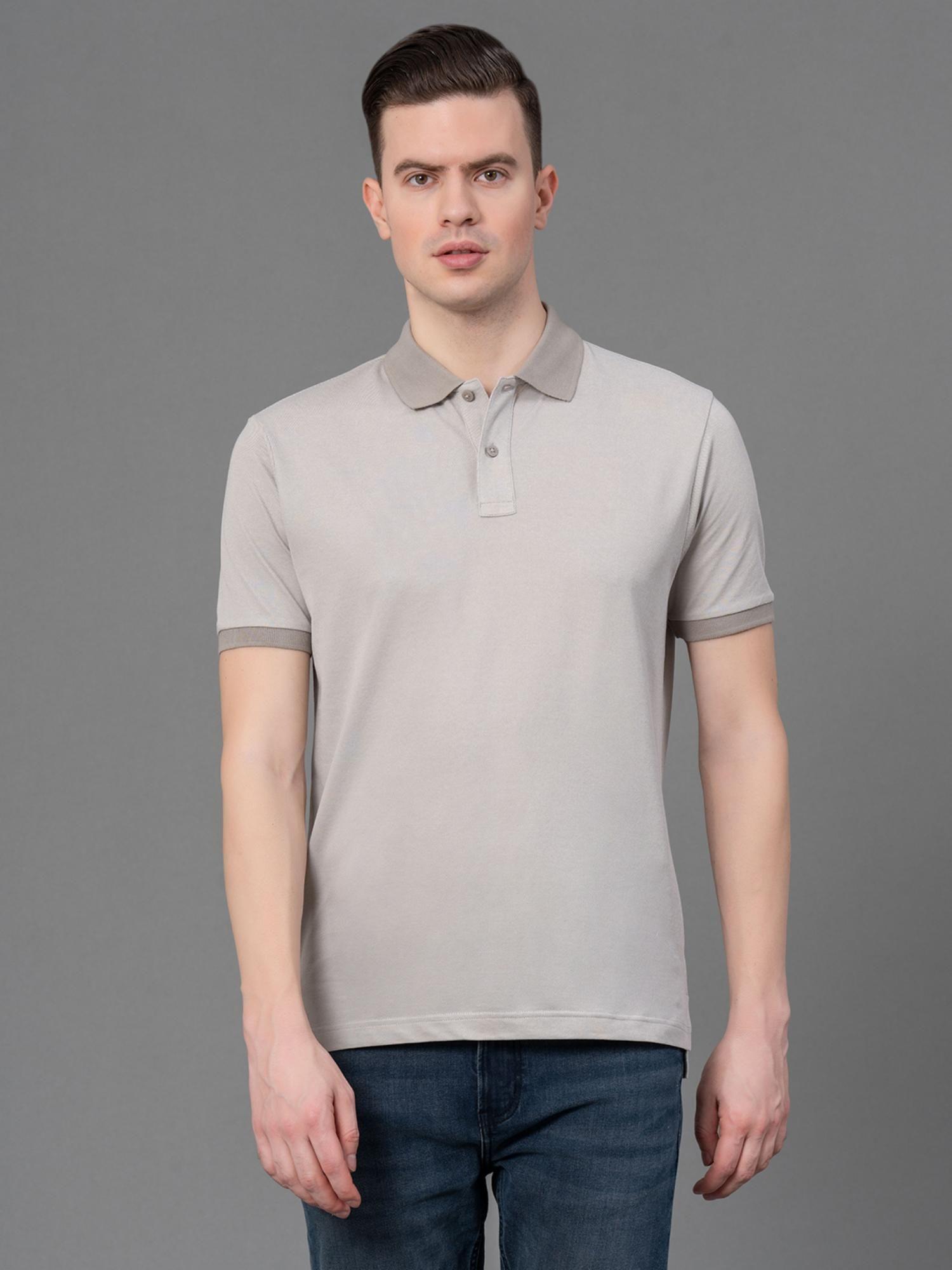 grey melange poly cotton self design mens polo t-shirt