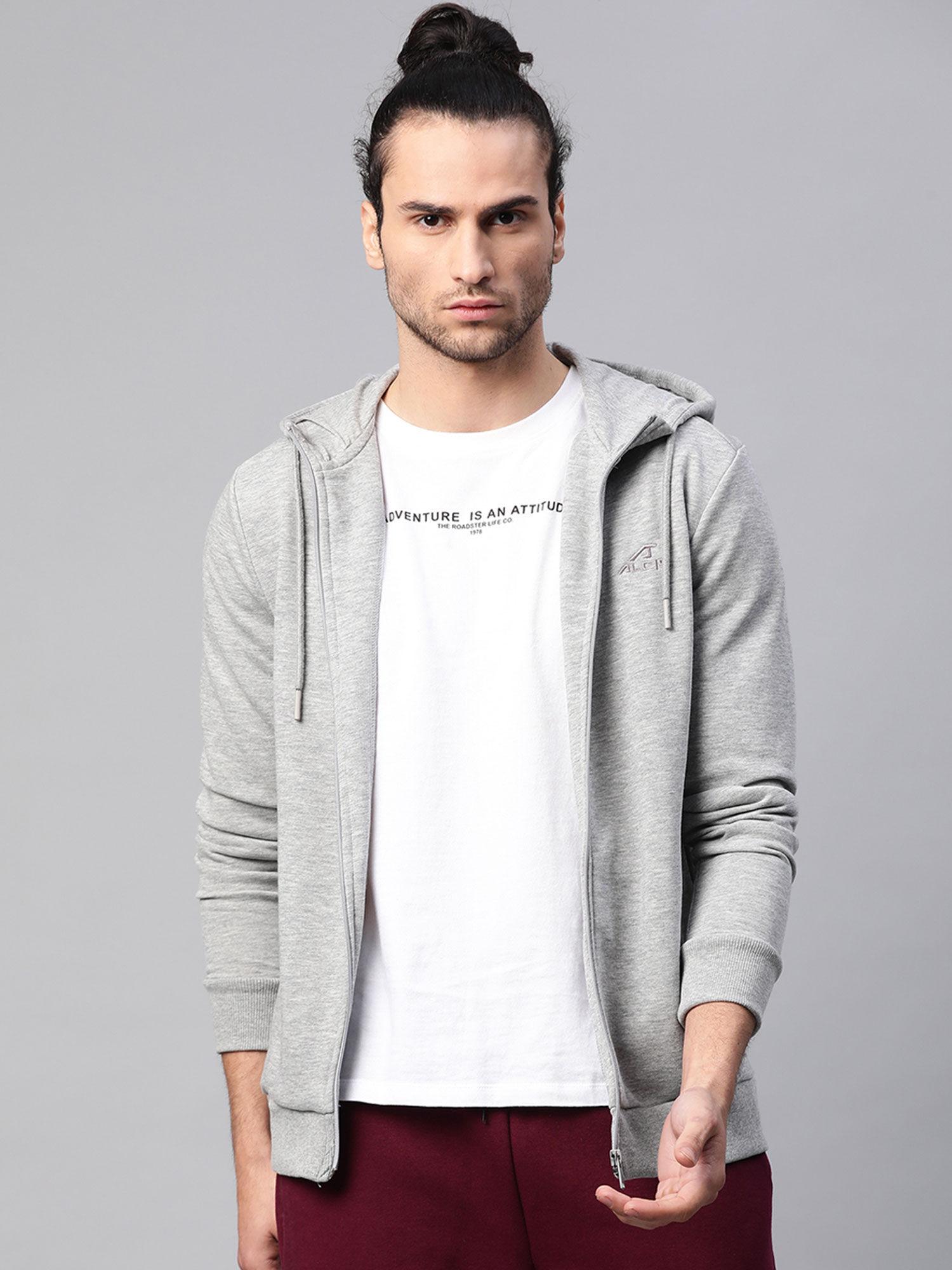 grey melange solid hooded sweatshirt