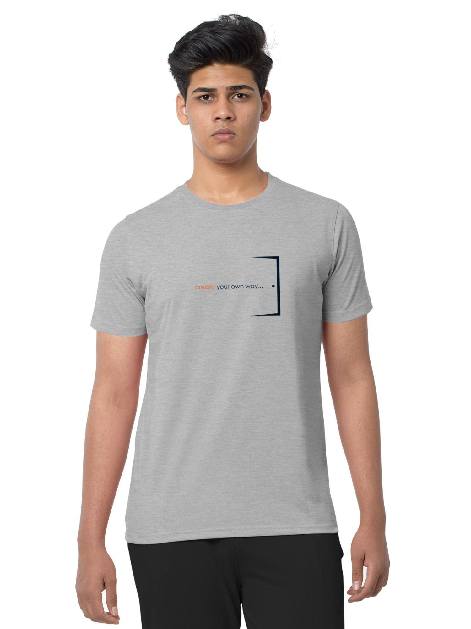 grey melange trendy printed typographic cotton blend round neck half sleeve t-shirt